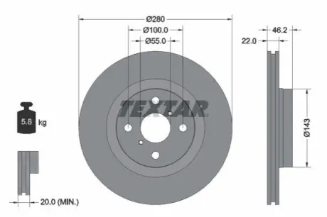 Диск гальмівний передн Лів/Прав TOYOTA YARIS 1.5/1.5H 03.12-06.20 TEXTAR 92287603