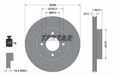 Диск гальмівний передн Лів/Прав MITSUBISHI COLT, COLT VI 1.1-1.5D 06.04-06.12 TEXTAR 92294403