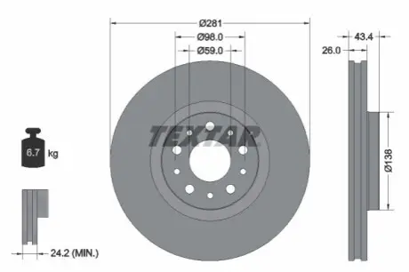 Диск гальмівний передн Лів/Прав FIAT TIPO 1.0-1.6D 10.15 TEXTAR 92304803
