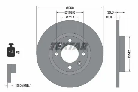 Диск гальмівний задн Лів/Прав DS DS 3 / DS 3 CITROEN C3 IV, C4 III, C4 X FIAT GRANDE PANDA LANCIA YPSILON OPEL CORSA F, FRONTERA, MOKKA PEUGEOT 2008 II, 208 II 1.2-Electric 05.19 TEXTAR 92325903