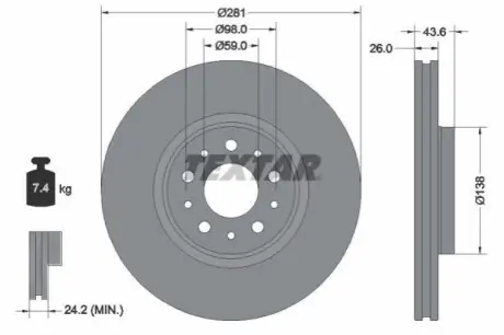Диск гальмівний передн Лів/Прав FIAT TIPO 1.0-1.6D 10.15 TEXTAR 92349303