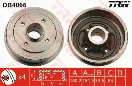 Гальмівний барабан задн RENAULT 11, 19 I, 19 I CHAMADE, 19 II, 19 II CHAMADE, 5, 9, CLIO I, SUPER 5, TWINGO I 1.0-1.9D 01.72-09.98 TRW DB4066