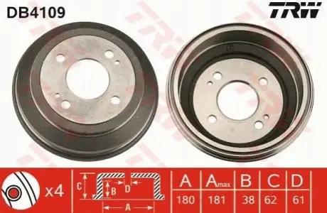 Гальмівний барабан задн HONDA CIVIC III, CIVIC IV, CIVIC V, CIVIC VI, CRX I, CRX II, CRX III, DOMANI, INTEGRA ROVER 200 I 1.2-1.6 10.83-08.01 TRW DB4109