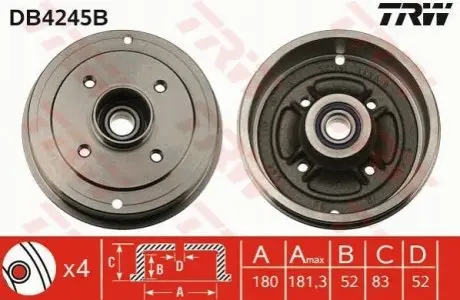 Тормозной барабан задн DACIA LOGAN EXPRESS, LOGAN MCV RENAULT 19 I, 19 I CHAMADE, 19 II, 19 II CHAMADE, CLIO I, CLIO II, LOGAN I, SUPER 5, THALIA I, THALIA II, TWINGO I 1.1-1.9D 10.84- TRW DB4245B
