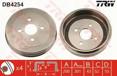 Гальмівний барабан задн TOYOTA BB I, IST, PORTE I, RAUM, WILL CYPHA I, YARIS, YARIS VERSO 1.0-1.5 04.99-07.12 TRW DB4254