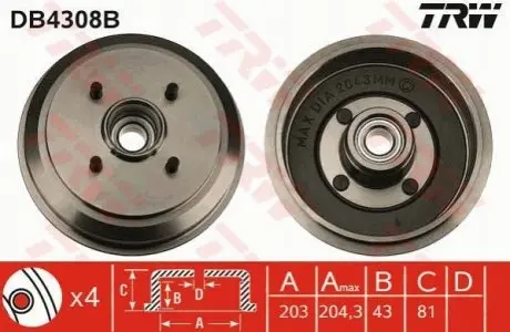 Гальмівний барабан задн FORD FIESTA, FIESTA IV, FIESTA V, FUSION MAZDA 2 1.2-1.8D 08.95-12.12 TRW DB4308B
