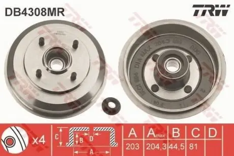 Гальмівний барабан задн FORD FIESTA, FIESTA IV, FIESTA V, FUSION MAZDA 2 1.2-1.8D 08.95-12.12 TRW DB4308MR