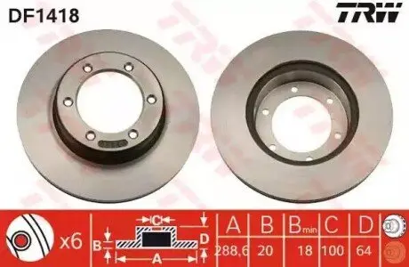 Диск гальмівний передн Лів/Прав TOYOTA 4 RUNNER I, 4 RUNNER II, HILUX V, HILUX VI VW TARO 2.2-3.0D 07.84-10.05 TRW DF1418