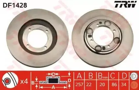 Диск гальмівний передн Лів/Прав HYUNDAI COUPE I, LANTRA I, LANTRA II 1.5-2.0 10.90-04.02 TRW DF1428