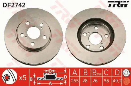 Диск гальмівний передн Лів/Прав TOYOTA CALDINA, CARINA E VI, CARINA V, CORONA 1.6-2.0D 03.88-09.97 TRW DF2742