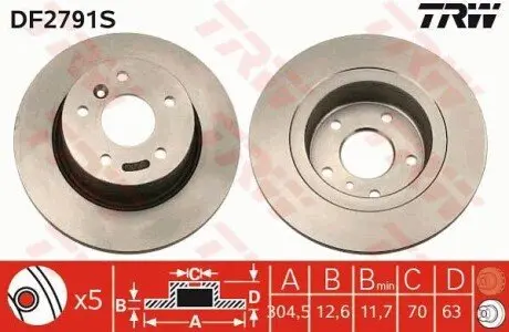 Диск гальмівний задн Лів/Прав LAND ROVER DISCOVERY II, RANGE ROVER II, RANGE ROVER III 2.5D-4.6 07.94-08.12 TRW DF2791S