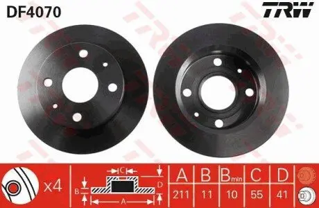 Диск гальмівний передн Лів/Прав DAIHATSU CUORE V, CUORE VI, CUORE VII, TREVIS 0.7/1.0 11.98 TRW DF4070