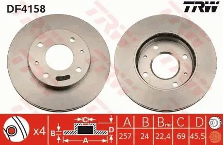 Диск гальмівний передн Лів/Прав HYUNDAI COUPE I, LANTRA II, SONATA IV 1.5-2.5 06.95-11.04 TRW DF4158