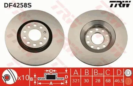 Фото 1 — Диск гальмівний (передній) Audi A4/A6 97-08 (320x30) (вент.) TRW (DF4258S) Фото Диск гальмівний (передній) Audi A4/A6 97-08 (320x30) (вент.) TRW (DF4258S) зображення 1