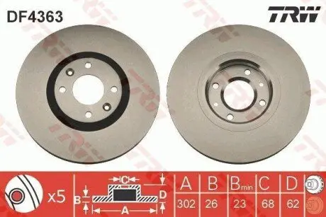 Диск гальмівний передн Лів/Прав ALFA ROMEO JUNIOR CITROEN C4, C4 GRAND PICASSO I, C4 I, C4 III, C4 PICASSO I, C4 X PEUGEOT 2008 II, 207, 208 II, 3008, 3008 I, 307 1.2-Electric 10.03 TRW DF4363