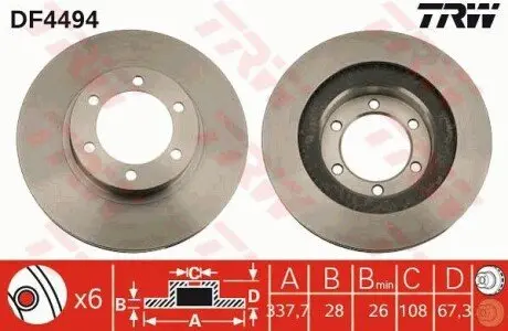 Диск гальмівний передн Лів/Прав (338ммx28мм) LEXUS GX TOYOTA 4 RUNNER IV, HILUX VI, HILUX VII, LAND CRUISER 90, LAND CRUISER PRADO 08.97-09.15 TRW DF4494 Купити в Україні