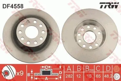 Диск гальмівний задн Лів/Прав AUDI A3, Q3 SEAT ALHAMBRA, ALTEA, ALTEA XL, LEON, TOLEDO III SKODA OCTAVIA II, SUPERB II, SUPERB III, YETI VW CC B7, EOS, GOLF PLUS V, GOLF V 1.2-3.6 03.99-06.24 TRW DF4558 Купити в Україні