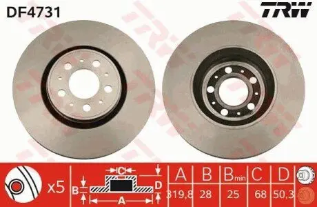 Диск гальмівний передн Лів/Прав VOLVO S60 I, S80 I, V70 II, XC70 I 2.0-3.0 05.98-04.10 TRW DF4731