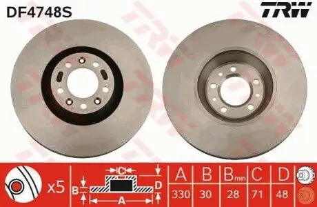 Диск гальмівний передн Лів/Прав CITROEN C5 II, C5 III, C6 PEUGEOT 407, 607 2.0-3.0D 02.00 TRW DF4748S