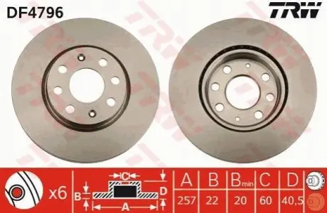 Диск гальмівний передн Лів/Прав FIAT DOBLO, GRANDE PUNTO, PUNTO, PUNTO EVO, STILO LANCIA YPSILON OPEL ADAM, CORSA D, CORSA E 0.9-1.9D 10.01 TRW DF4796 Купити в Україні