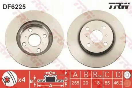Диск гальмівний передн Лів/Прав TOYOTA IQ, YARIS ASTON MARTIN CYGNET 1.0-1.4D 01.09-06.20 TRW DF6225