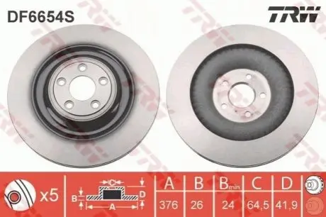 Диск гальмівний задн Лів/Прав JAGUAR XF I, XF SPORTBRAKE, XJ, XK II 5.0 01.09-12.19 TRW DF6654S