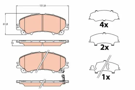Комплект гальмівних колодок передн, INFINITI Q50, Q60, QX50 I, QX50 II NISSAN X-TRAIL, X-TRAIL III RENAULT KOLEOS II 1.3-3.7 04.13 TRW GDB2222