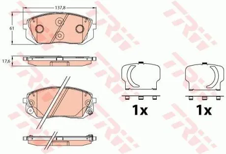 Комплект гальмівних колодок передн (з комплектуючими), HYUNDAI I40 I, I40 I CW, IX35, KONA, TUCSON KIA PROCEED, SOUL II, SPORTAGE II, SPORTAGE III, SPORTAGE IV 1.6-2.0D 09.04 TRW GDB3642 Купити в Україні