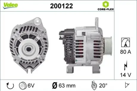 Генератор (14В, 80А, відновлений) CITROEN AX, BERLINGO, C35, JUMPER I, JUMPY I, XANTIA, XSARA, ZX FIAT DUCATO, SCUDO PEUGEOT 205 I, 306, 405 II, BOXER, EXPERT, PARTNER 1.4-2.1D 11.73-12.06 Valeo 200122