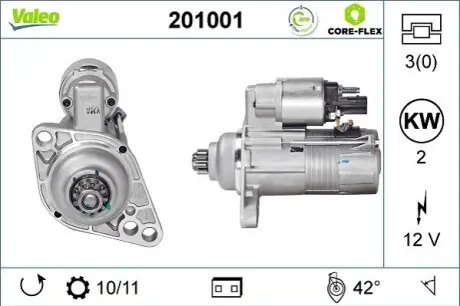 Стартер (12В, 2кВт, відновлений) AUDI A3, TT SEAT ALTEA, ALTEA XL, CORDOBA, IBIZA III, IBIZA IV, IBIZA IV SC, LEON, TOLEDO III SKODA FABIA I, FABIA I PRAKTIK, FABIA II, OCTAVIA II 1.4-2.0D 01.00 Valeo 201001 Купити в Україні