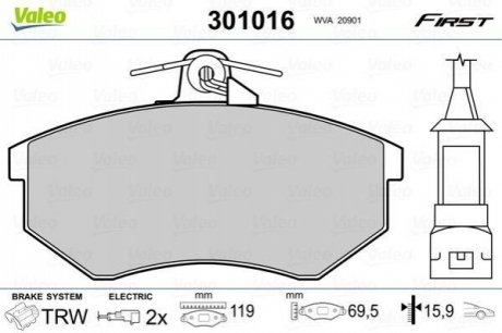 Колодки гальмівні VW P. GOLF/PASSAT/VENTO 86-98 Valeo 301016