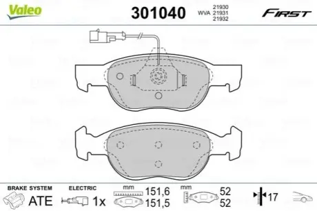 Тормозные колодки FIAT P. BRAVO/BRAVA/MAREA 95-02 Valeo 301040