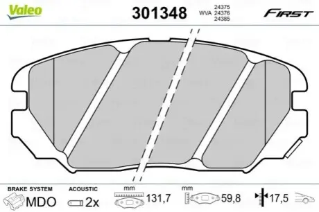 Колодки гальмівні (передні) Hyundai Tucson 04-/Sonata 05-10/Grandeur 05-/Kia Opirus 06 Valeo 301348