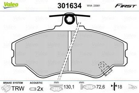 Гальмівні колодки, дискове гальмо (набір) Valeo 301634 (фото 1)