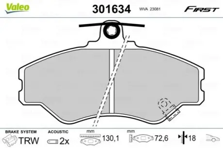 Гальмівні колодки, дискове гальмо (набір) Valeo 301634