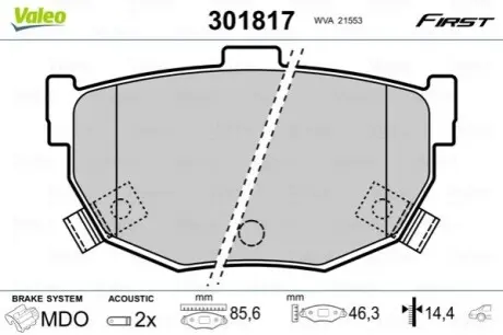 Колодки гальмівні (задні) Hyundai Elantra/Kia Cerato 00- (85.6x46.3) Valeo 301817