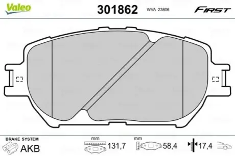 Тормозные колодки TOYOTA P. CAMRY 01-06 Valeo 301862