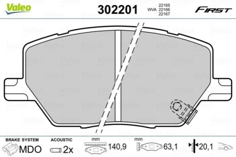 Тормозные колодки дисковые FIRST 500X 14-, JEEP RENEGADE 14- Valeo 302201 (фото 1)