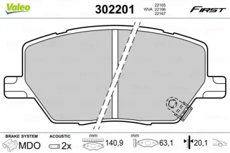 Колодки гальмівні (передні) Fiat 500X 1.4-1.6/1.6-2.0D 14-/ Jeep Renegade1.4-1.6/2.0CRD 14 Valeo 302201