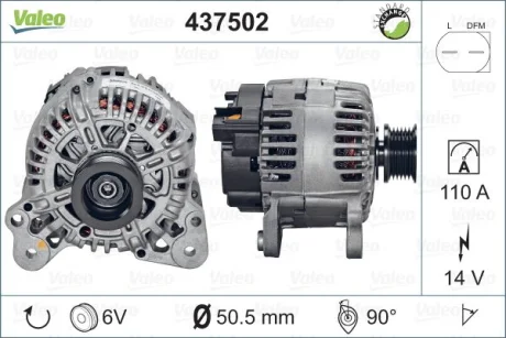 Генератор (14В, 110А, відновлений) AUDI A2, SEAT ALTEA, ALTEA XL, CORDOBA, IBIZA III, IBIZA IV, IBIZA IV SC, IBIZA IV ST, LEON, TOLEDO III, SKODA FABIA I, FABIA I PRAKTIK 1.4-2.0 10.99-05.15 Valeo 437502