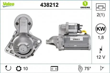 Стартер (12В, 1,8кВт, новий із заставою) CHEVROLET AVEO OPEL AGILA A, ASTRA H, ASTRA H GTC, ASTRA J, COMBO, COMBO TOUR, CORSA C, CORSA D, MERIVA A, MERIVA B, TIGRA 1.3D 06.03 Valeo 438212