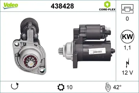 Стартер Seat Ibiza/Leon/Skoda Fabia/Octavia/VW Golf/Sharan 1.8/2.0 96-10 (1.1kw) (z=10) Valeo 438428 Купити в Україні