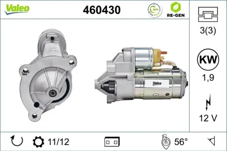 Стартер (12В, 1,9кВт, відновлений) DS DS 4, DS 5 CITROEN C4, C4 GRAND PICASSO I, C4 GRAND PICASSO II, C4 I, C4 II, C4 PICASSO I, C4 PICASSO II, C4 SPACETOURER, C5 I, C5 II, C5 III 1.6-2.2D 01.96 Valeo 460430
