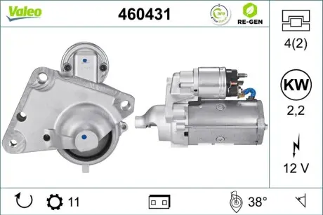 Стартер (12В, 2,2кВт, відновлений) DS DS 3, DS 4, DS 5 CITROEN BERLINGO, BERLINGO MULTISPACE, C2, C3 AIRCROSS I, C3 AIRCROSS II, C3 I, C3 II, C3 PICASSO, C4, C4 AIRCROSS, C4 CACTUS 1.4D-2.2D 11.03 Valeo 460431