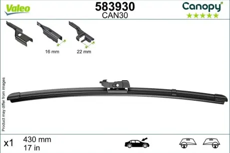 Щітка склоочисника безкаркасна передн із спойлером (1шт) Canopy 430мм DS DS 7, DS 9 BMW 2 (U06) CITROEN BERLINGO, BERLINGO/MINIVAN, C5 AIRCROSS FIAT BRAVO II, CROMA, DOBLO 10.01 Valeo 583930 Купити в Україні
