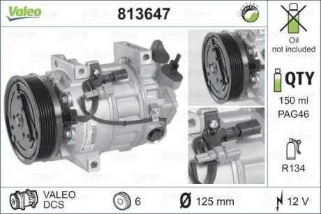 Компрессор кондиционера (восстановленный) RENAULT LAGUNA, LAGUNA III, LATITUDE 1.5D/1.6/3.0D 10.07- Valeo 813647