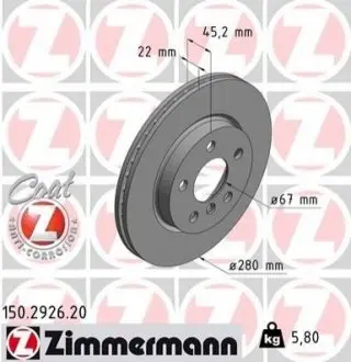 Диск гальмівний (передній) Mini (F54/F55/F56/F57) 13- (280x22) B36/B37/B38 ZIMMERMANN 150292620