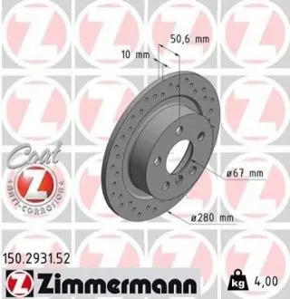 Диск гальмівний (задній) BMW 2 (F44-46)/X1 (F48) /i3 Hybrid 13- (280x10) ZIMMERMANN 150293152