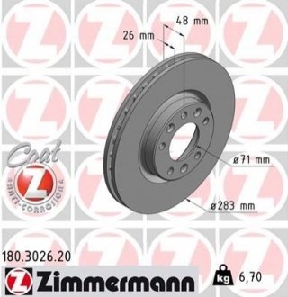 Тормозные диски Coat Z передние ZIMMERMANN 180302620 (фото 1)