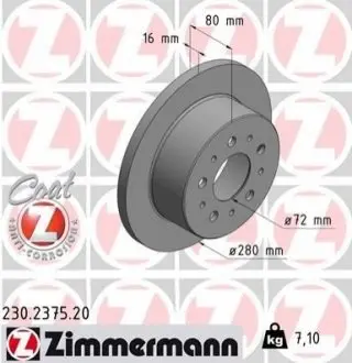 Диск гальмівний (задний) Citroen Jumper/Fiat Ducato/Peugeot Boxer 06- (279,7x16) ZIMMERMANN 230237520 Купити в Україні